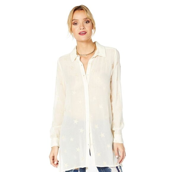 ✅ Michael Stars Star Embroidered Long Sleeve Top SEMI-SHEER SIZE X-SMALL - Picture 1 of 8